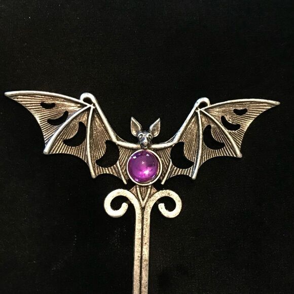 Accessories - Gothic Bat Hair Accessory, Purple Stone accent, Antique silver tone, Moo…